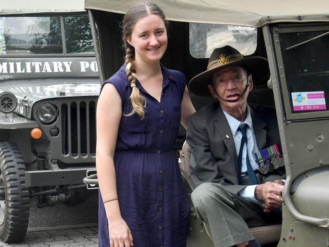 Anzac Day parade on the Strand in Townsville. Laura Howden with her grandfather Veteran Col O'Brien. Picture: Evan Morgan