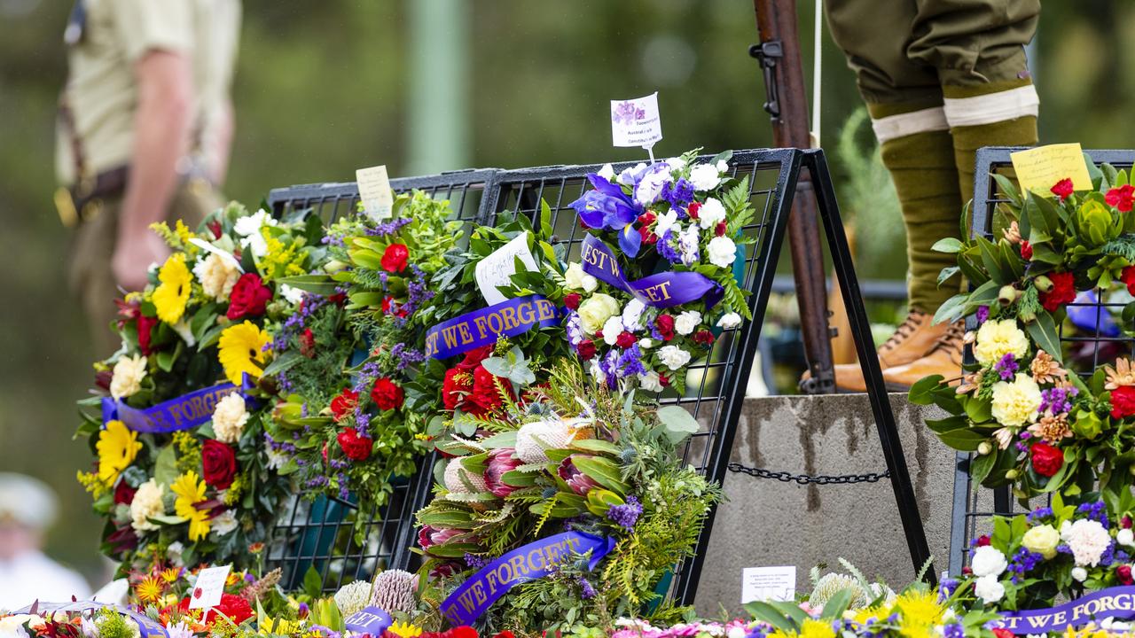 Wreaths lay at the foot of the Mothers' Memorial during the Citizens Commemoration Service on Anzac Day, Monday, April 25, 2022. Picture: Kevin Farmer