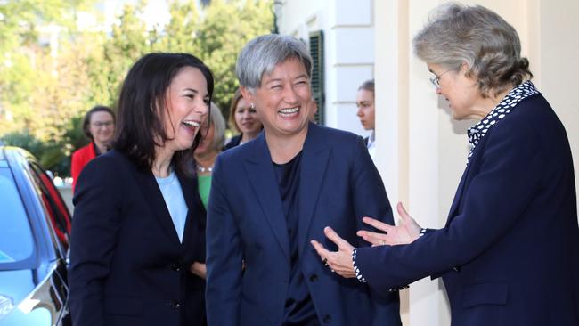 Foreign Minister Penny Wong and German Foreign Minister Annalena Baerbock are greeted at Government House by Governor Frances Adamson. Picture: NCA NewsWire / Dean Martin