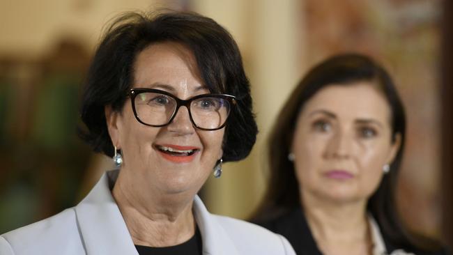 Attorney-General Vickie Chapman and Minister Rachel Sanderson at Old Parliament House for a press conference regarding the Rice Review. Picture: Naomi Jellicoe