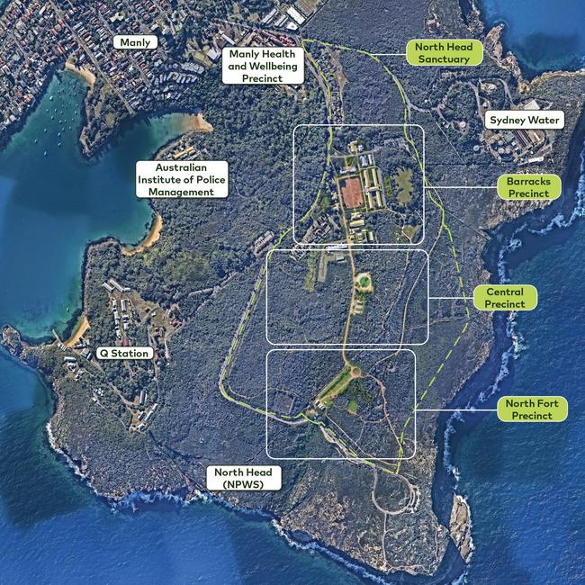 A map showing the proposed three new "precincts" on Sydney's North Head, as part of the North Head Sanctuary Draft Master Plan put out for public submission on Tuesday. Picture: Cox Architecture