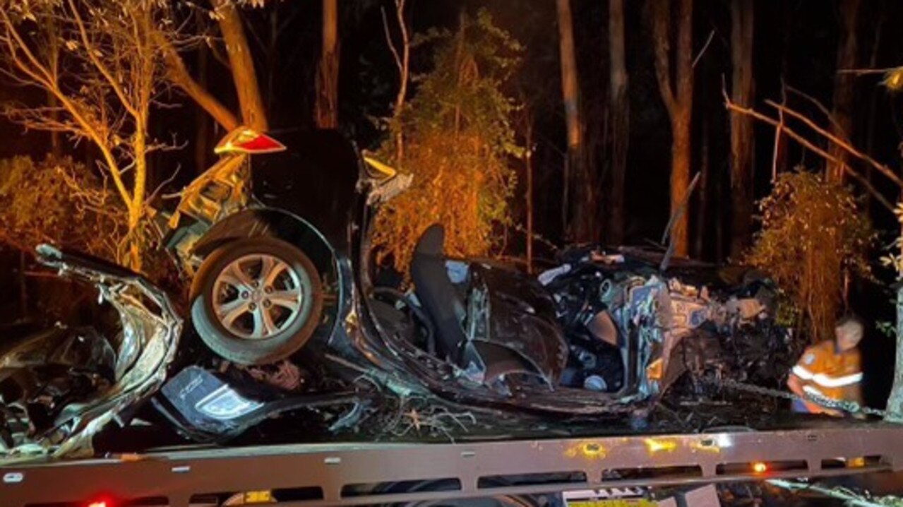 The wreckage of the Mazda that crashed off Lindsay Rd, Buderim on Tuesday night. Jarvis Snailham, 21, and a 19-year-old passenger both tragically died at the scene.