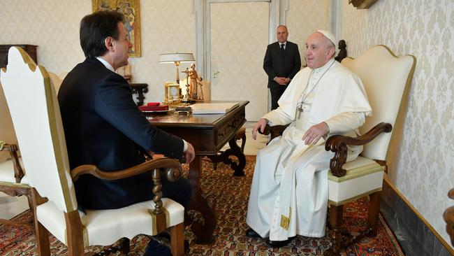 Italian Prime Minister Giuseppe Conte meets with Pope Francis in the Vatica. Picture: Vatican Media