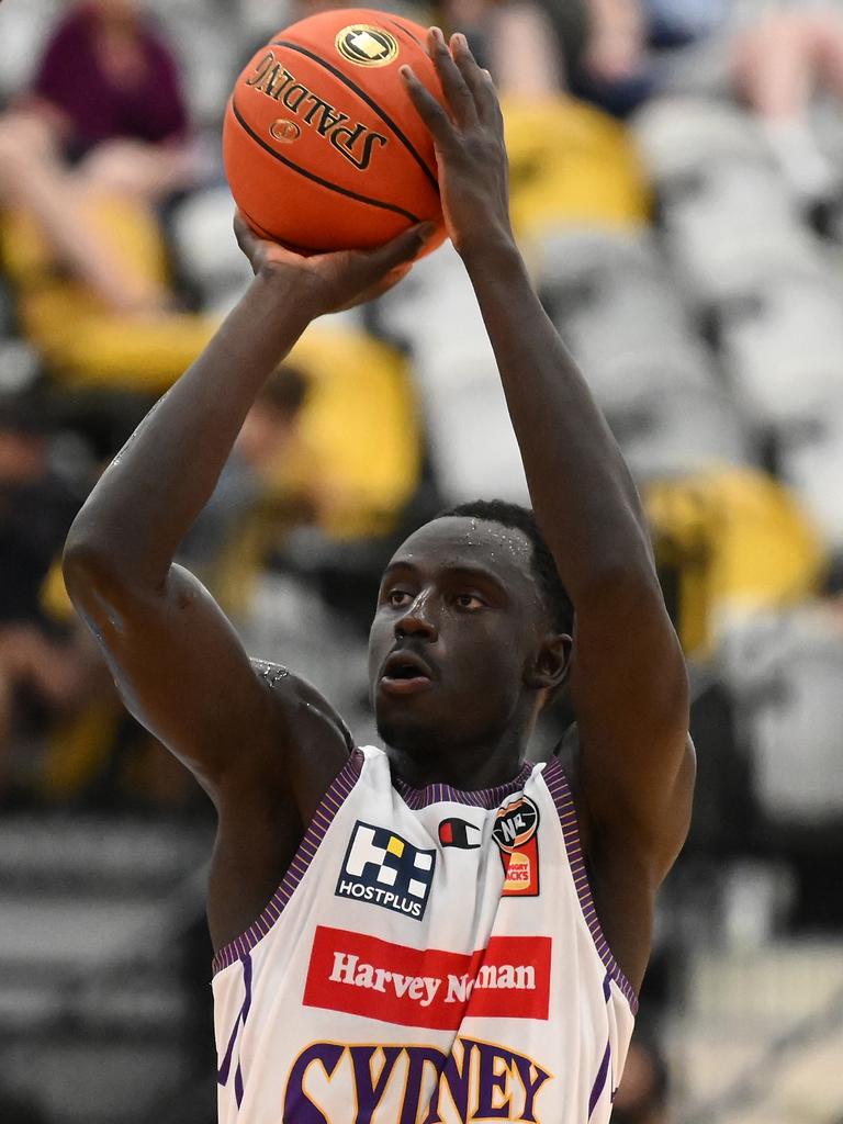 Bul Kuol of the Kings shoots during the 2024 NBL Blitz match between Adelaide 36ers and Sydney Kings at Gold Coast Sports and Leisure Centre on September 09, 2024 in Gold Coast, Australia. (Photo by Matt Roberts/Getty Images)