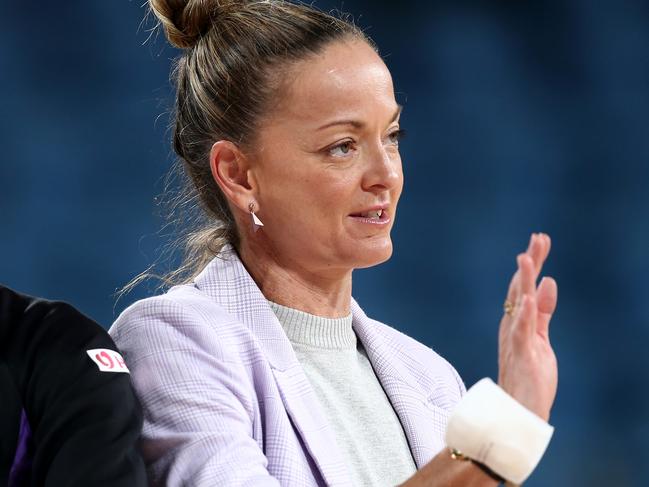 SYDNEY, AUSTRALIA - APRIL 12: Katie Walker (R) assistant coach of the Firebirds ahead of the round four Super Netball match between GWS Giants and Queensland Firebirds at Ken Rosewall Arena on April 12, 2022 in Sydney, Australia. (Photo by Jason McCawley/Getty Images)