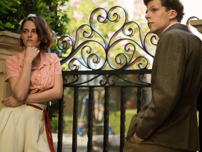 Stewart with Jesse Eisenberg in a scene from the Woody Allen film <i>Cafe Society</i>.