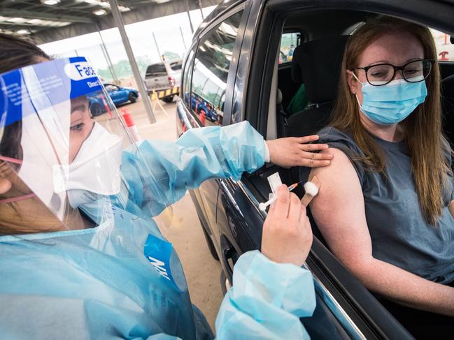 A drive-through vaccination centre in Melton. Picture: Getty Images