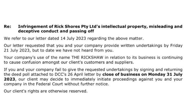 Davies Collison Cave Law sent a cease and desist letter to The Rickshaw business in Maroochydore on behalf of Gold Coast restaurant Rick Shores.