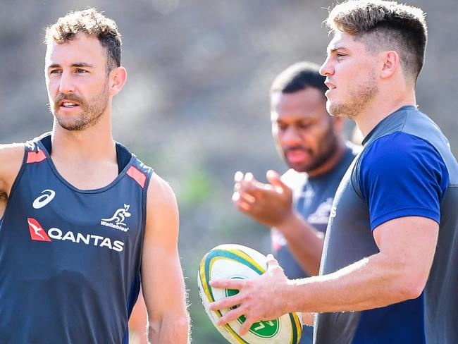 The Qantas Wallabies train at Wests Bulldogs Rugby Union Club, Brisbane. Nick White and James O'Connor. Photo: Rugby AU Media/Stuart Walmsley