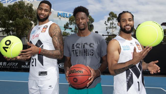 French Tennis star Gael Monfils meets Melbourne United imports Shawn Long and Melo Trimble. Picture: Tennis Australia