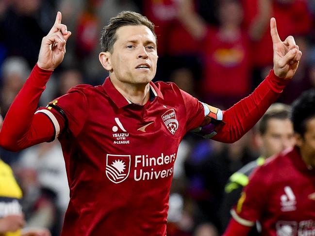 ADELAIDE, AUSTRALIA - MAY 13:  Craig Goodwin of Adelaide United celebrates after scoring his teams first goal from a penalty during the first leg of the A-League Men's Semi Final between Adelaide United and Central Coast Mariners at Coopers Stadium, on May 13, 2023, in Adelaide, Australia. (Photo by Mark Brake/Getty Images)