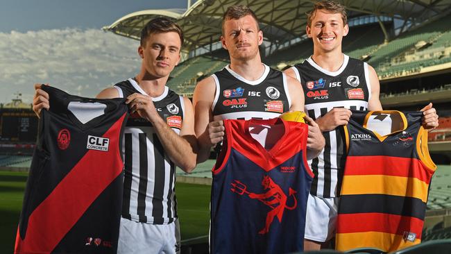 Ben Edwards (right) with former Port Adelaide teammates Jack Elsworthy (Kadina) and Matt Appleton (Moonta). Picture: Tom Huntley