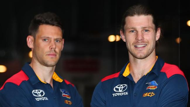 Crows recruits Sam Gibson and Bryce Gibbs are to wear new numbers when their guernseys are assigned at the Adelaide Football Club with the infamous No. 6 on the table for Gibbs. Picture: Scott Barbour (Getty Images)