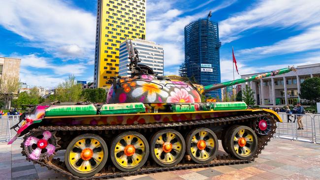 A WWII tank art installation in Tirana's Skanderbeg Square.