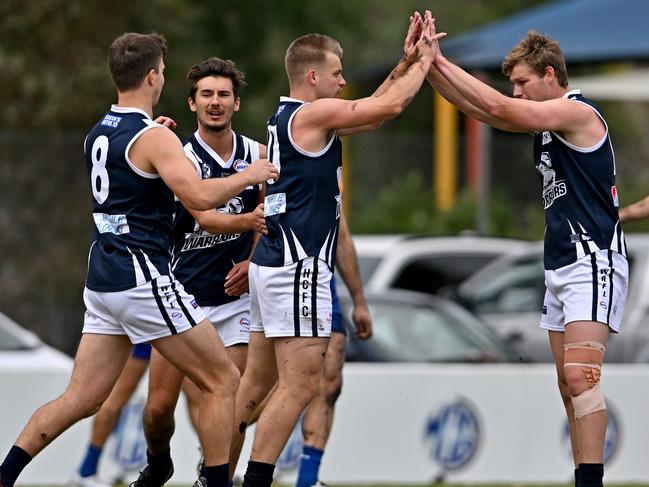 Deer ParkÃs Brandon Houlihan celebrates a goal during the WRFL Deer Park v Hoppers Crossing football match in Deer Park, Saturday, April 30, 2022. Picture: Andy Brownbill