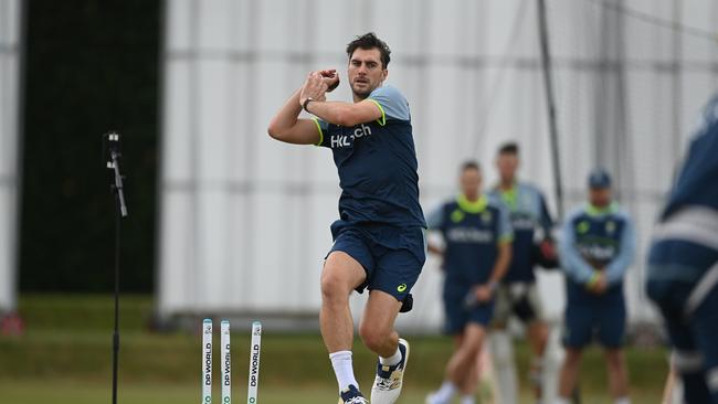 Pat Cummins bowls during a training session on Wednesday. Picture: Philip Brown/Getty Images