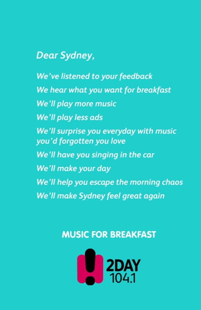 2Day FM "Dear Sydney" media promo. Picture: Supplied