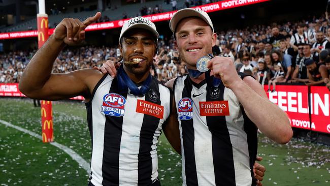 Tom Mitchell pictured with Isaac Quaynor after the 2023 grand final. Picture: Michael Willson/AFL Photos via Getty Images