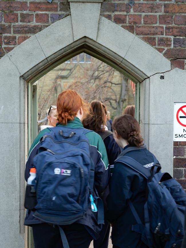 Students arriving at the school last year on the day it was announced it would close. Picture: Sarah Matray