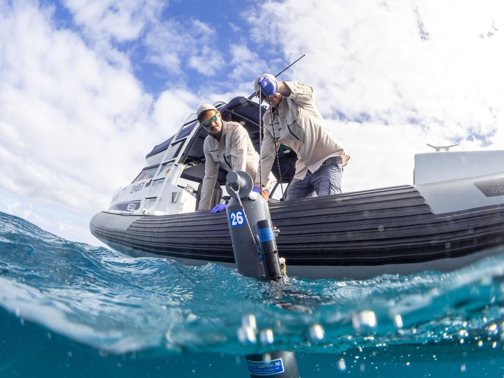 Minderoo Foundation researchers Eric Raes and Sam Thompson collect water samples for eDNA analysis Minderoo Foundation researchers Eric Raes and Sam Thompson collect water samples for eDNA analysis near the Abrolhos Archipelago off the coast of Western Australia. Source: Minderoo Foundation OceanOmics