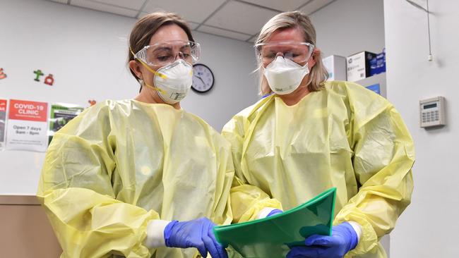 Senior triage registered nurses Nina Di Santo and Danielle Lemire at the Women’s and Children’s Hospital in North Adelaide during March. Picture: AAP/ Keryn Stevens