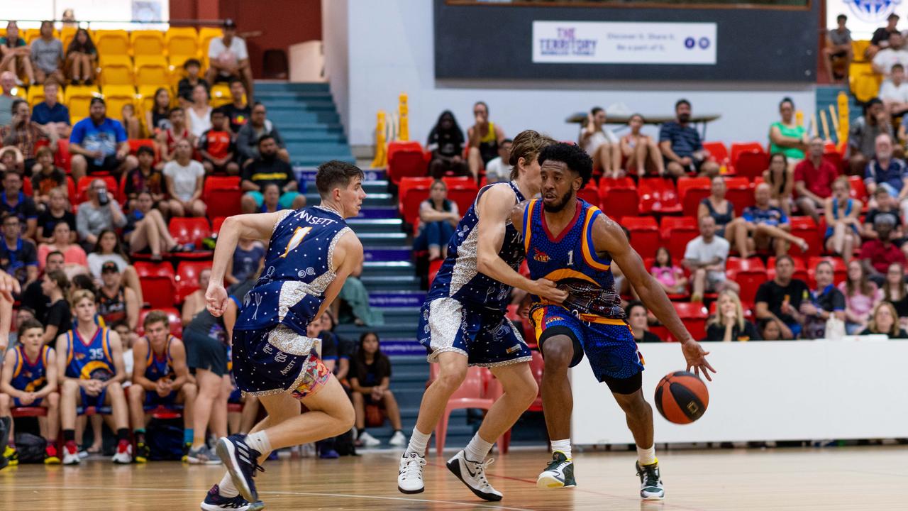 Jerron Jamerson is under pressure. Darwin Basketball Men's Championship Round 20: Ansett v Tracy Village Jets. Picture: Che Chorley