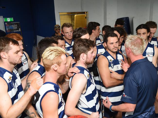 Pearcedale coach Justin Hamilton addresses his players before a game in 2019. Picture: Josie Hayden