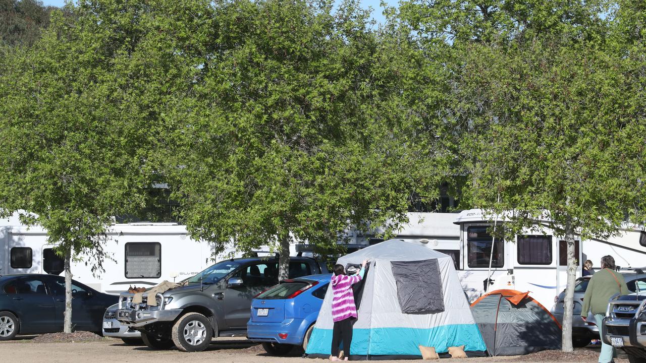 People who have left their homes set up camp at the relief centre at Shepparton Showgrounds. Picture: David Crosling