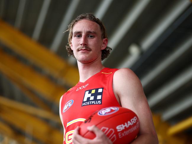 GOLD COAST, AUSTRALIA - NOVEMBER 29: Sam Clohesy poses during a Gold Coast Suns AFL media opportunity at Heritage Bank Stadium on November 29, 2023 in Gold Coast, Australia. (Photo by Chris Hyde/Getty Images)