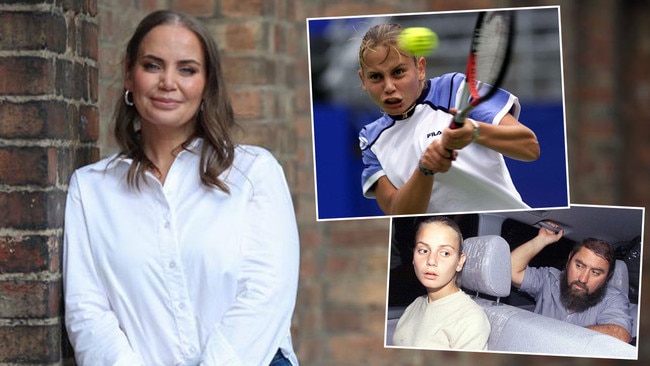 Jelena Dokic today, main picture, and battling it out on the tennis court, top right. Few knew back then how hard her battle was off the court at the hands of her father, Damir, bottom right. Pictures:
