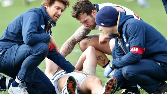 Nathan Vardy after injuring his ankle in the VFL. Picture: NIGEL HALLETT