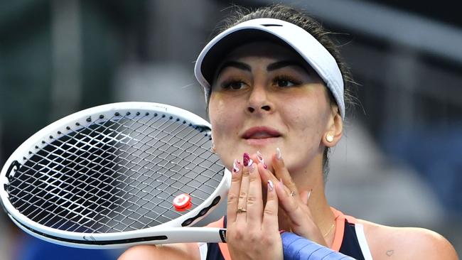 Canada's Bianca Andreescu celebrates beating Romania's Mihaela Buzarnescu on Monday. Picture: AFP