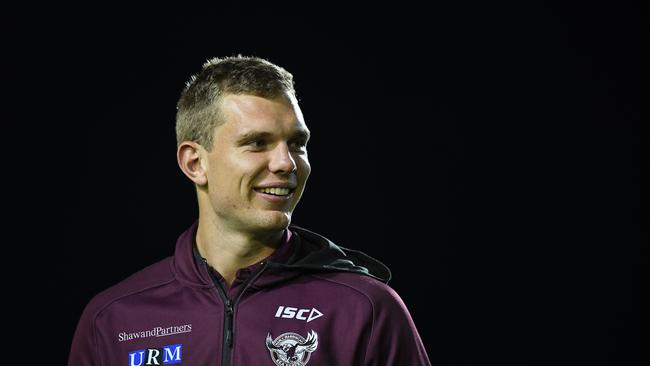 Tom Trbojevic of the Sea Eagles seen during the warm up during the Round 11 NRL match between the Manly Sea Eagles and the Gold Coast Titans at Lottoland in Sydney, Friday, May 24, 2019. (AAP Image/Joel Carrett) NO ARCHIVING, EDITORIAL USE ONLY