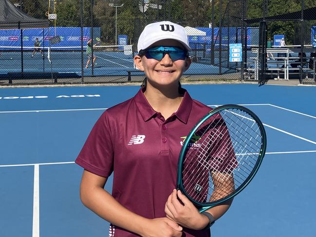 Gold Coast tennis talent Tori Russell is travelling overseas to compete in an under-14 Wimbledon event. Picture: Mitch Bourke.
