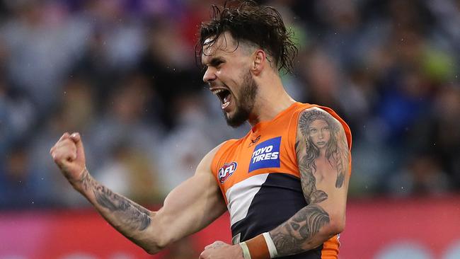 Giants Zac Williams celebrates a goal during GWS preliminary final triumph.