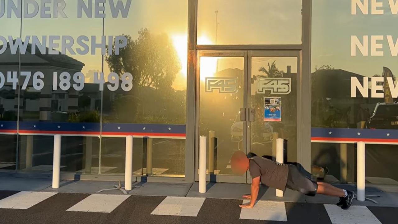 Jamie does a push up outside his shut down gym. Picture: news.com.au