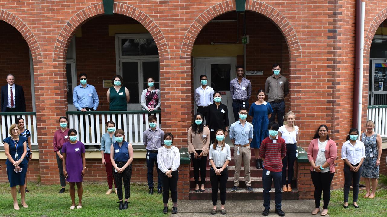 The future of medicine looks bright for the Wide Bay region, with 37 new first-year doctors, 27 of which will be based at Bundaberg Hospital. The interns wearing masks have recently relocated from Brisbane and are wearing them, in line with the recent COVID-19 guidelines. Picture: Rhylea Millar