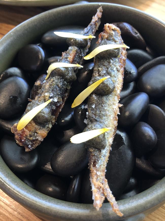 Crispy sardines, miso, leek at Essen restaurant.