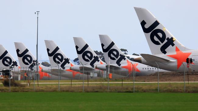 Qantas, Virgin and Jetstar jets grounded at Avalon airport during the COVID-19 pandemic in May. Picture: Aaron Francis/The Australian