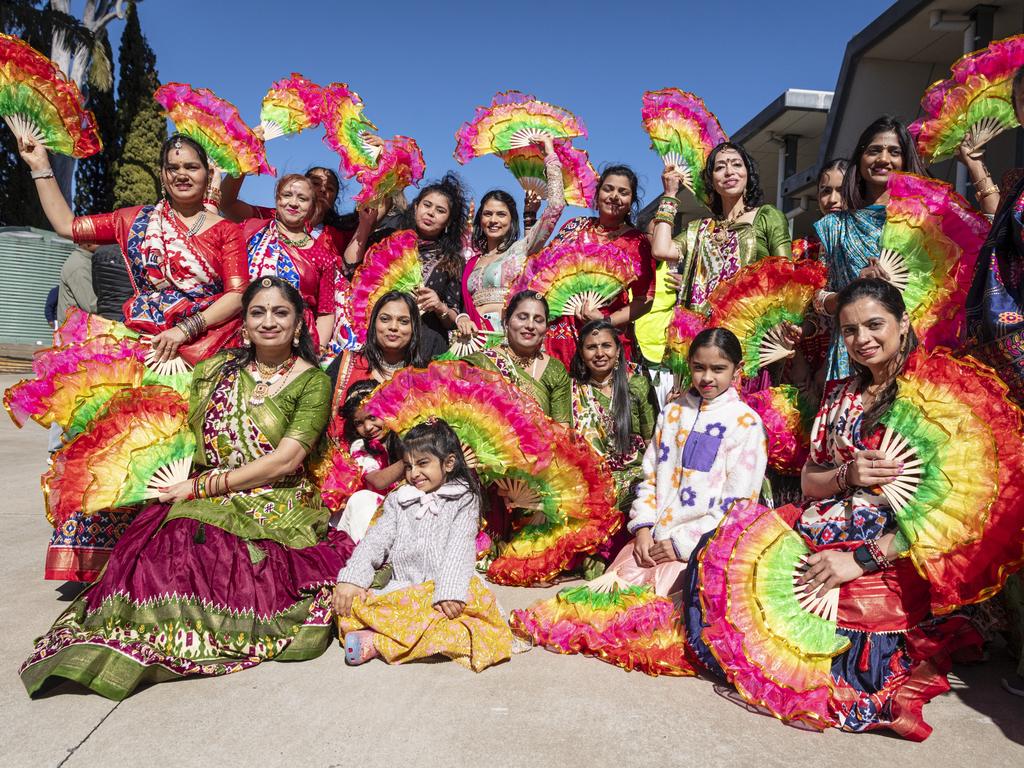 The colourful dancers after leading the procession to the Civic Square at Toowoomba's Festival of Chariots, Saturday, July 20, 2024. Picture: Kevin Farmer