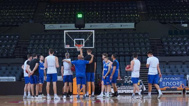 Bullets players huddle up after their gameday shoot-around.