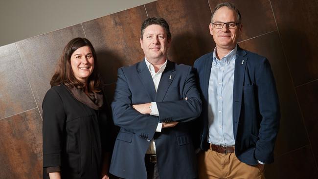 KWP!’s Nat Morley, David O’Loughlin and John Baker at the agency’s new offices on Rundle St. Picture: MATT LOXTON