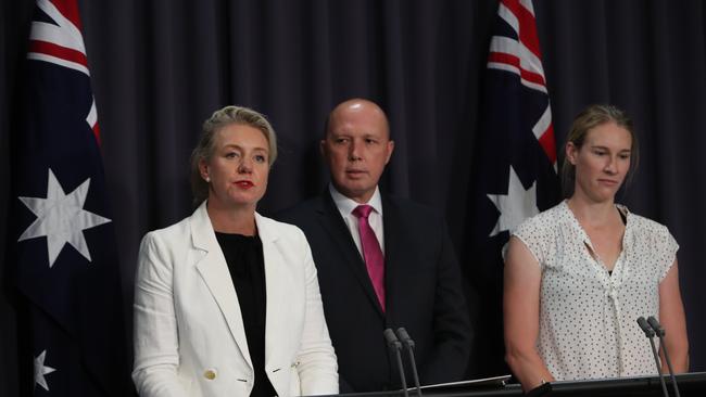 Minister for Sport Bridget McKenzie, Minister for Home Affairs Peter Dutton and Kim Brennan. Picture Kym Smith