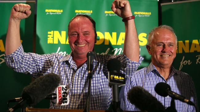 Barnaby Joyce with Malcolm Turnbull after the New England by-election win. Picture Lyndon Mechielsen.