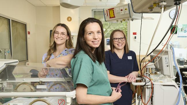 Nurse Rebekah Blacket with Dr Kathryn Martinello and nurse Sarah Wauchope at Flinders Medical Centre, where they save premature babies every day. Picture: Matt Loxton