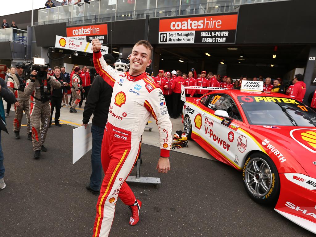 Scott McLaughlin celebrates after getting pole position after the top 10 shootout. 2019 Supercheap Auto Bathurst 1000, the pinnacle of the Virgin Australia Supercars Championship. #17 Shell V-Power Racing Scott McLaughlin/Alex Premat, Ford Mustang GT. Picture Rohan Kelly