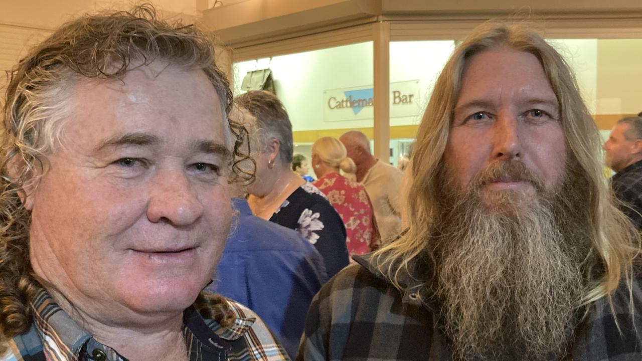 Brad Parker and Ken Fine celebrate the 50th anniversary of the Rainbows Rugby League Football Club at its golden jubilee at the Gympie Showgrounds Pavilion on the night of June 3, 2023.