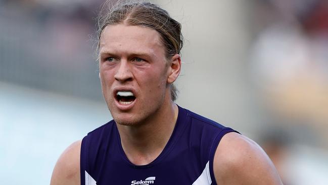 GEELONG, AUSTRALIA - JULY 29: Hayden Young of the Dockers in action during the 2023 AFL Round 20 match between the Geelong Cats and the Fremantle Dockers at GMHBA Stadium on July 29, 2023 in Geelong, Australia. (Photo by Michael Willson/AFL Photos via Getty Images)