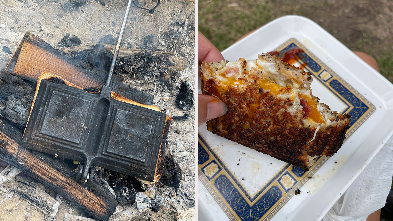 <h2><span>Egg and bacon jaffle</span></h2><p><span>It's a solid staple, and a for good reason. Nothing beats a brekky jaffle cooked over the campfire in a double jaffle iron. While you heat the jaffle iron on the campfire, prepare the filling. You can add whatever you like. Spray the iron with oil and add the bread (buttered on both sides and one inside with sweet chili sauce), the bacon, cheese, then make a little dent and crack open the egg in the space before carefully adding the final slice of bread and shutting tight. Make sure to check on the iron while it&rsquo;s cooking. A runny egg is ideal, but it&rsquo;s a fine line.&nbsp;</span><span><br></span></p><p><em>Picture: Jenny Hewett</em></p>