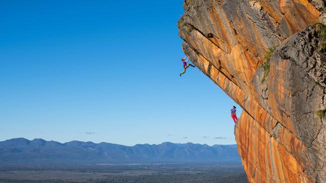 Ashlee Hendy, left, and Elizabeth Chong climbing in the Grampians. Picture: Simon Carter